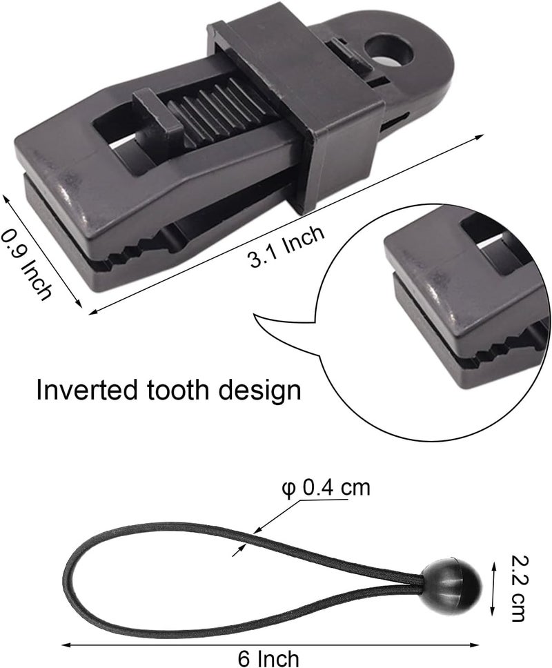 BINCKIN Tarp Clips Heavy Duty Lock Grip - 20 Pcs Tent Clip and Ball Bungee Cord Set, Awning Tarp Clamps for Canopy (Black) - Image 2